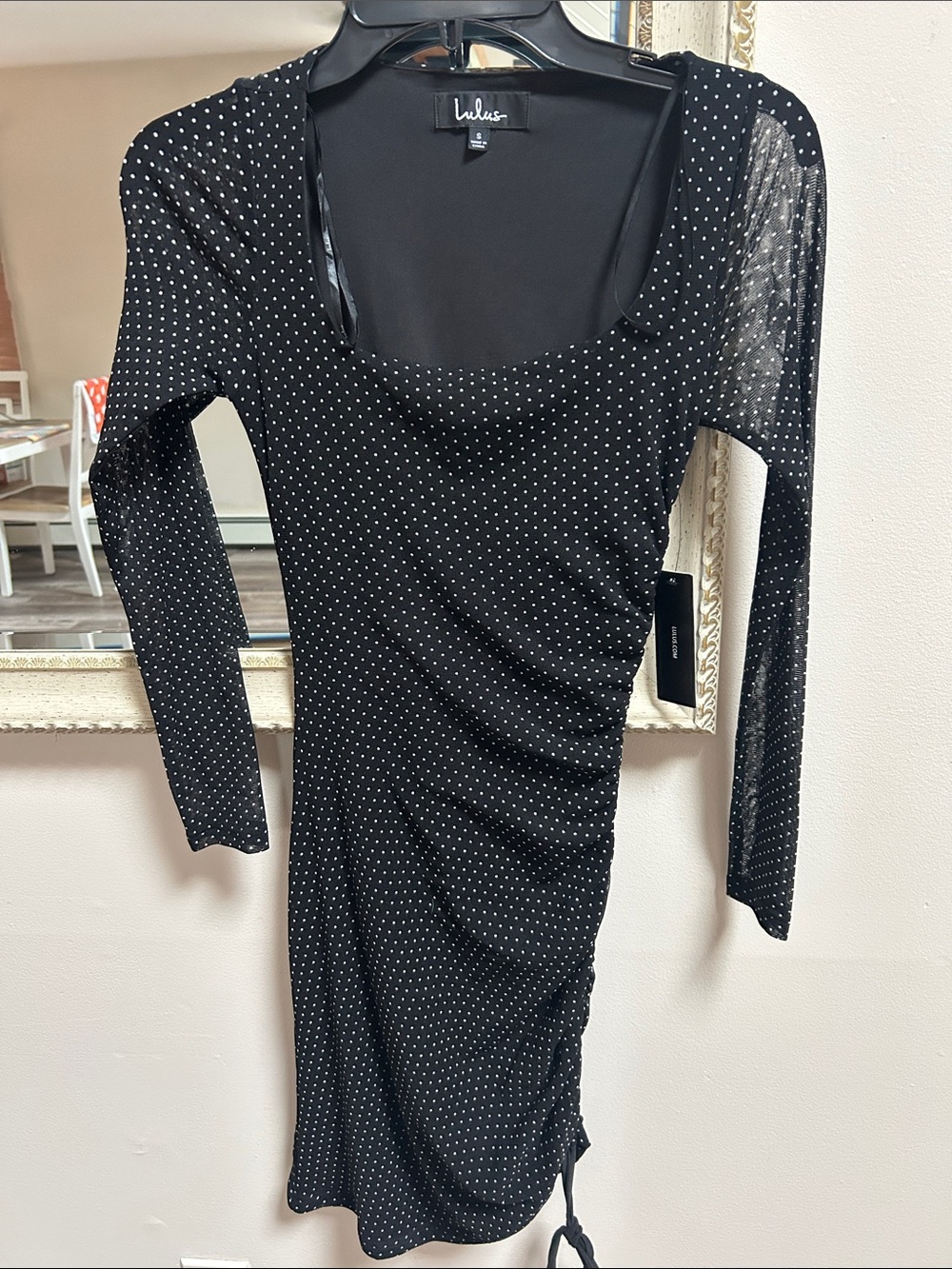 Lulu's Black Polka Dot Long Sleeve Ruched Midi Dress